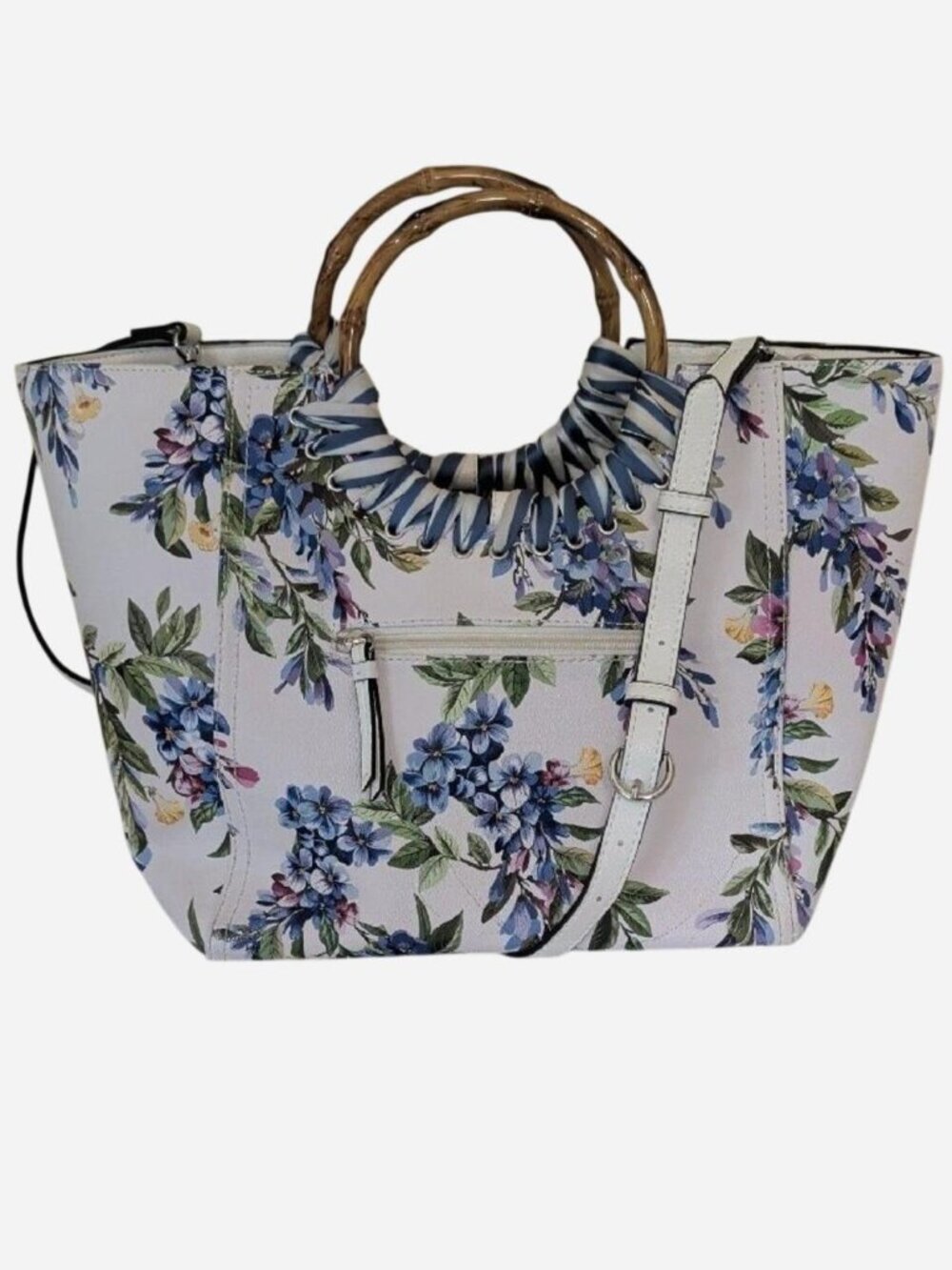 Dana Buchman White Floral Bamboo Handle Tote Bag Blue Accents
